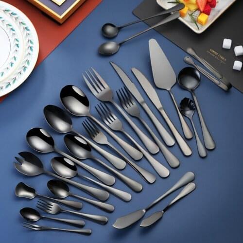 28 Piece Black 1010 Stainless Steel Black Round Spoon Titanium Plated Tableware Salad Spoon Butter Knife Public Spoon Set Spoon