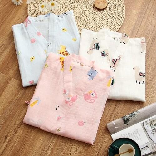 Summer New Style Deep V-neck Double-layer Cotton Gauze Bathrobe, Cartoon Cute and Breathable Home Clothes for Young Ladies