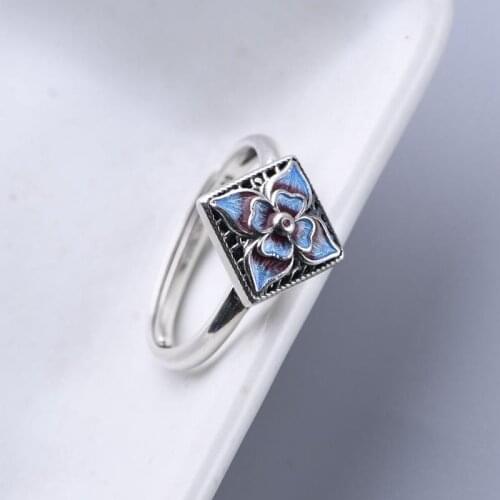 Original Cloisonne Enamel Porcelain Flower Opening Adjustable Ring Chinese Retro Designer Craft Pendant Female Silver Jewelry