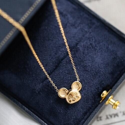 YUN RUO Trendy Cute Mouse Pendant Necklace Yellow Gold Color 316 L Titanium Steel Jewelry Woman Gift Never Fade Hypoallergenic