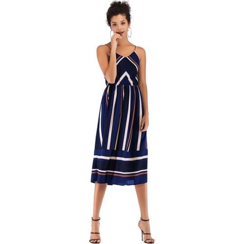 Spaghetti Strap Backless Sexy Sleeveless Slash Neck Stripe Contrast Color Midi Dress Women Casual Loose Streetwear Dresses