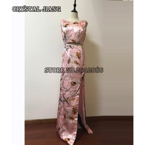 Pink Camo Bridesmaid Dressess Two Pieces Long Dress Crystal Beaded Straight Gown With Side Split