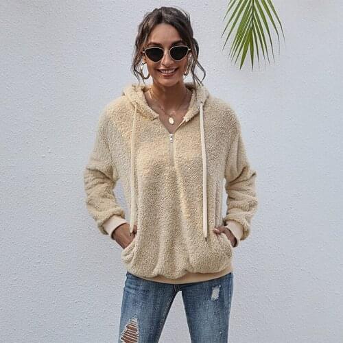 Street Women Solid Color Long Sleeve Pocket Zipper Hoodie Plush warm Sweatshirt Oversized Fashion Loose Casual Sweatshirt