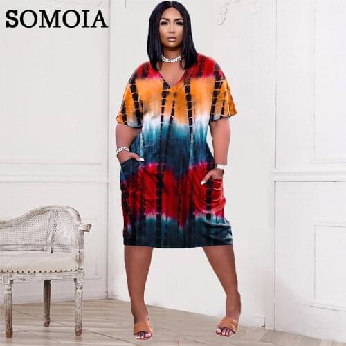 Bohemian Style Womens Clothing Sexy Fashion Casual Tie Dye Printing Short Sleeves V Neck Pocket Straight Loose Dress Wholesale