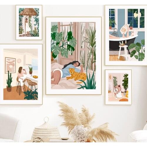 Woman Leopard Cactus Monstera Bathroom Wall Art Canvas Painting Nordic Posters And Prints Wall Pictures For Living Room Decor