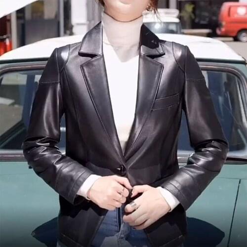 2021 Genuine Leather Womens Spring Jacket Female Black Fashion Real Leather Sheepskin Coat Turn-down Collar Office Ladies New