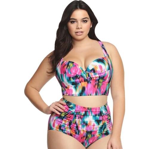 Women Plus Size Bikini High Waist Two Piece Bikini Set Printing And Solid Color Bikini Push Up Bikini Swimsuit Swimwear L-5XL