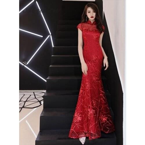 Red Elegant Mermaid Evening Dresses 2019 Spring Bride Long Dressing Women Chinese Traditional Dress Robe Vintage Gown Qi Pao
