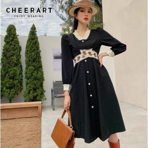 CHEERART Vintage Black Button Up Ladies Dress Puff Sleeve Tie Back Lace Up A Line Knee Length V Neck Women Dress Korean Style