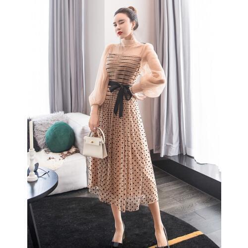 2020 Fashion New Spring Long lantern sleeve Dress turtleneck Women patchwork Dot Khaki Mesh Office party Dresses with belt