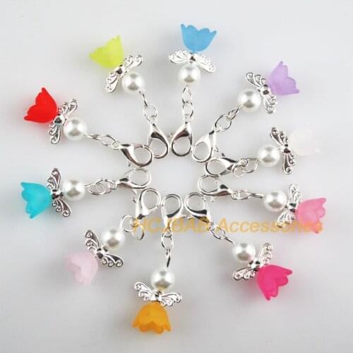 10Pcs Silver Plated Retro Mixed Flower Acrylic 14x19mm Tiny Angel With Lobster Claw Clasps Charms