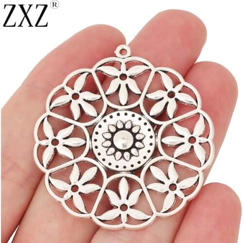 ZXZ 5pcs Tibetan Silver Large Flower Round Charms Pendants for Necklace Jewelry Making Findings 47x44mm