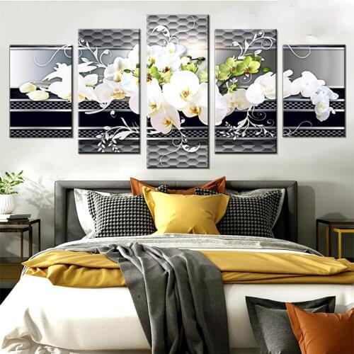 5 Piece Wall decor Canvas art for living room Picture Butterfly Orchid Flowers Black White Abstract prints Modern Home bedroom W