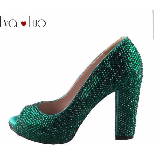 CHS891 DHL Custom Made Green Crystal Bridal Wedding Shoes Block Heel Open Toe Women Shoes Dress Pumps