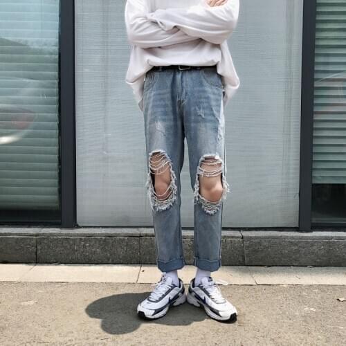 Summer new men straight jeans fashion washed distressed knee hole ankle-length jeans hip-hop men casual denim pants