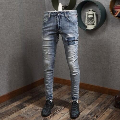 Italian Style Fashion Men Jeans Retro Blue Distressed Wash Slim Fit Ripped Jeans Men Vintage Designer Street Cotton Denim Pants