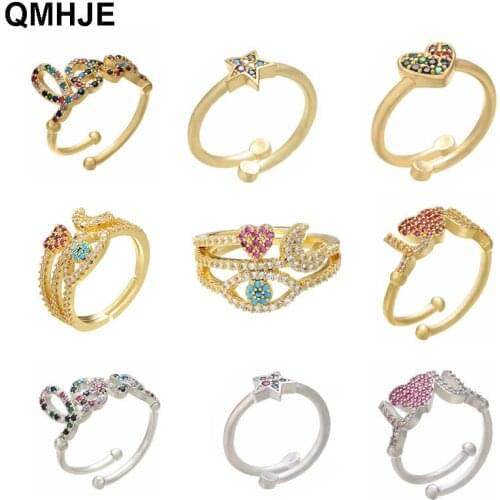 Moon Evil Eye Women Ring Gold Color CZ Paved Rainbow Letters Love Star Heart Rings Wedding Engagement Jewelry Open Adjustable