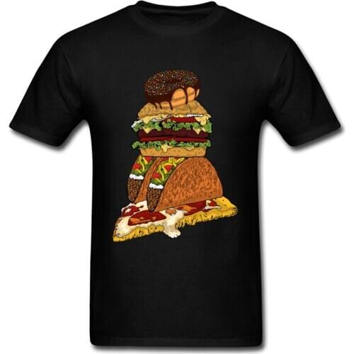 Men Foodies Lover Black T-shirt 2018 Junk Food Funny Cartoon Design Students Cotton T Shirt Doughnut Burger Taco & Pizza