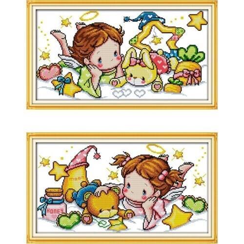 Everlasting Love Angel Boy Girl Chinese Cross Stitch Kits Ecological Cotton Stampted Printed 11CT 14CT DIY Christmas Decorations