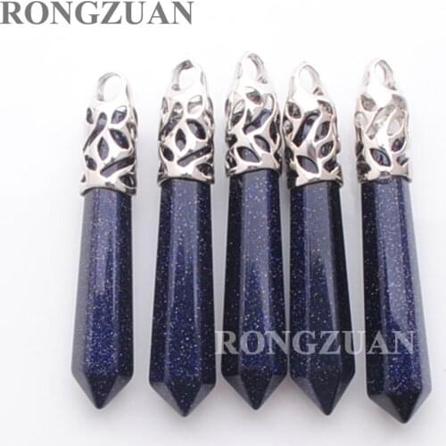 Wholesale 5pcs Dangle Pendants Natural Stone Blue Sand Reiki Chakra Healing Bullet Hexagonal Point Pointed Reiki Pillar TN3019