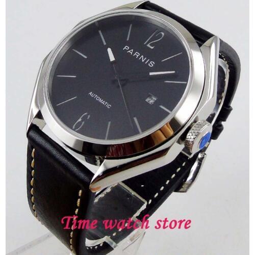 PARNIS 43mm Miyota 21 jewels polished Automatic watch men Sapphire glass waterproof leather strap black dial date 1238