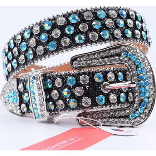 New Black Rhinestone Belt Western Cowboy Buckle Dimond Belt Genuine PU Leather Bling Belts For Woman Men Strass Ceinture Femme