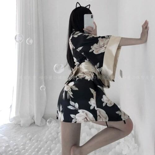 Sexy Cosplay Uniform Japanese Clothes Kimono Erotic Costumes for Women Robe Cardigan Role Play Net Yarn Black 3Pcs Lingerie Set