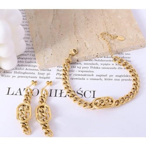 Titanium Steel Exaggerated Chain Double D Letter Earring for Women Charm Bracelet Statement Jewelry Set Accessories Kolczyki