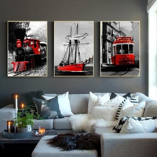 Modern Black and White Retro Red Train Sailing Ship Nordic Modern Canvas Decorative Painting Poster Living Room Study Art Decora