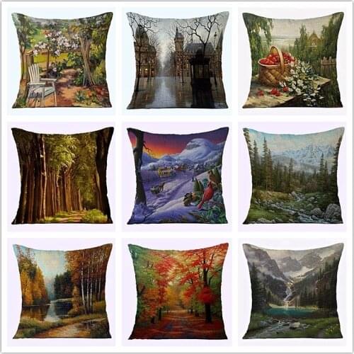 Country Scenery Oil Painting Printing Cushion Cover Linen Cotton Living Room Garden Decoration Throw Pillow Case