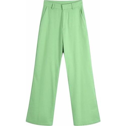 Aonibeier 2021 Summer Autumn Fashion OL Style Women Green Career Pants Side Pockets High Waist Casual Straight Suit Pants Female