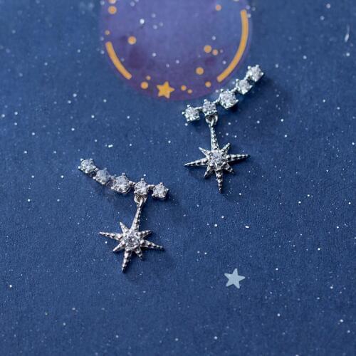 MloveAcc Real 925 Sterling Silver Star Earrings w/ CZ Women Wedding Party Three Colors Charm Silver S925 Earrings Jewelry Pretty