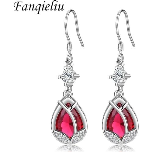 Fanqieliu Luxury Red Crystal Vintage Flower Jewelry Women Sterling 925 Silver Drop Earrings For Girl FQL21272