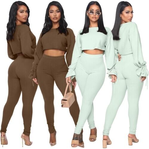 Two-Piece Set Womens Nightclub Solid Color Big Pit Bell Sleeve Tie Sleeve Matching Sets Crop Top 2 Piece Sets Womens Outfits