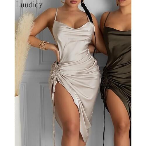 2020 Women Sexy Solid Sleeveless Ruched Drawstring Satin Bodycon Dress Spaghetti Strap Slit Dress