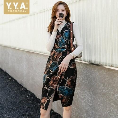 Elegant Ladies Autumn Floral Printed Sleeveless Tank Dress Women V Neck Office Work Slim Fit Sheepskin Genuine Leather Mid Dress