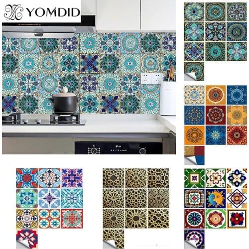 10pcs Mandala Pattern Matte Surface Tiles Sticker PVC Waterproof Colorful Retro Tile Wall Sticker for Kitchen Bathroom Floor