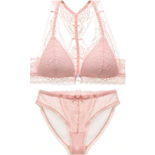 Sexy Lace Pink Bra and Panty Set Padded Lingerie Wire free Front Closure Plunge Bra Lace trim Underwear women Intimates