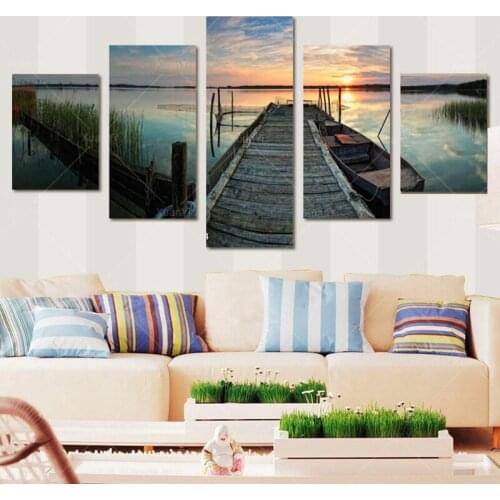 5 Panel Boat Lake Landscape Painting Pictures Sunset Scenery Painting Beach Wall Picture Prints On Canvas(No Frame) PR1013