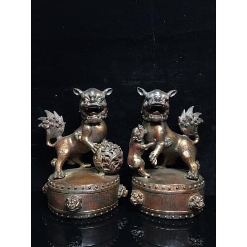 9" Tibet Buddhism Old Bronze Cinnabar Lacquer Guardian lion statue A pair lion dog statue Town House Exorcism
