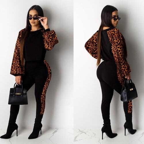 Ueteey New Two-piece Casual Stitching Sleeves Leopard Print Women Pant Set