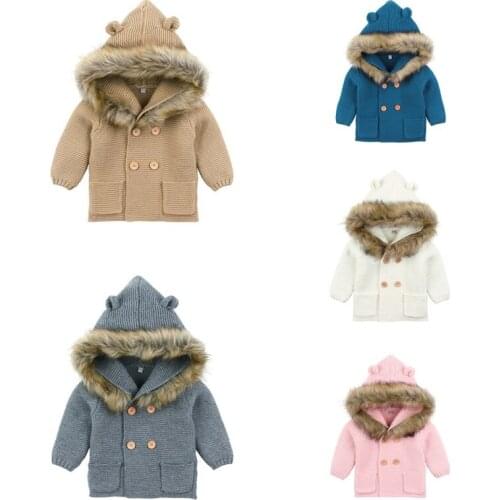 Autumn Spring Toddler Boys Girls Warm Hooded Fur Collar Knitted Jacket Childrens Jacket