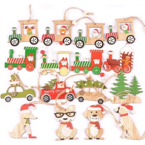 4Pcs/lot Santa Claus Dog Train Wooden Pendants Craft Christmas Tree Hanging Ornaments DIY Xmas Party Gifts Home Decoration C2726