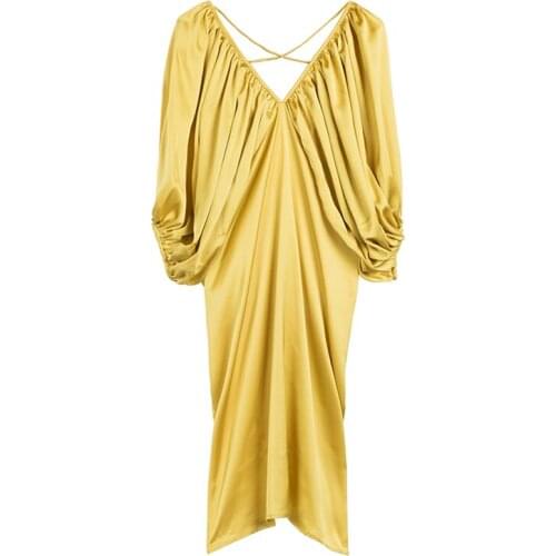 PERHAPS U Gold Blue Fuchsia V Neck Backless Lantern Sleeve Loose Midi Dress Elegant Satin D0711