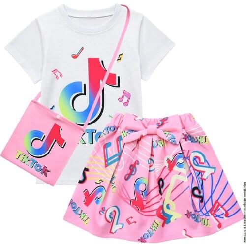 Hot Tik Tok Girls Clothes Sets Summer Tik Tok short sleeve top+Bow cartoon print skirt+Bag 3-piece kids Childrens Clothing Suit