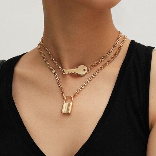 Punk Creative Thick Chain Key Lock Pendant Necklace Women Vintage Double Layer Geometric Chains Necklace Pendants Jewelry Kolye
