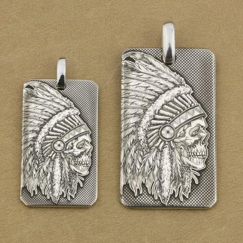 Indian Chief Skull DogTag Solid 999 Pure Silver Mens Biker Rock Punk Pendant 9X022S Just Pendant