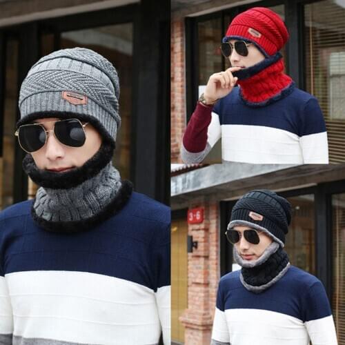 Fashion 2-Ways Men Women Knit Beanie Winter Hat Ski Cap Couple Hat + Scarf 2PCS/set