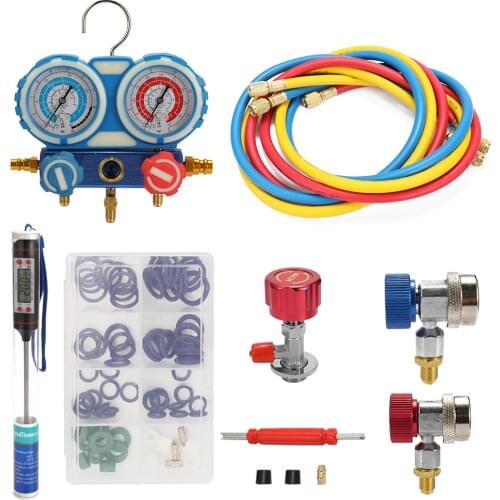 Repairing Tool Kit Car Air Conditioning Refrigerant Freon Double Valve Pressure Gauge with Seal Rings Diagnostic Pressure Gauge