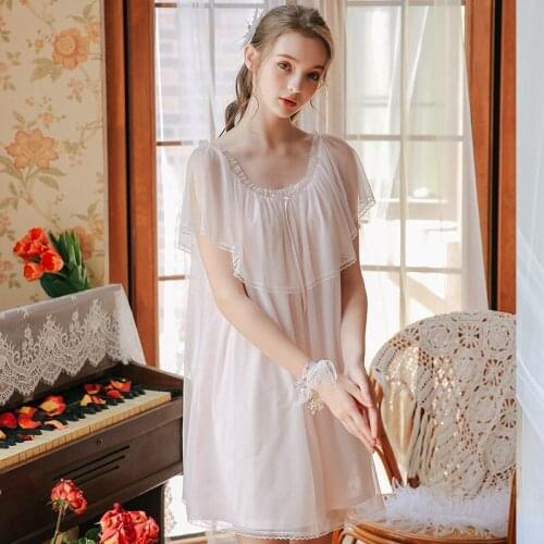 Nightgowns Sleepshirts 2019 summer Sleepwear Women pink/White Lace Draped Sleep Wear Night Dress Homewear